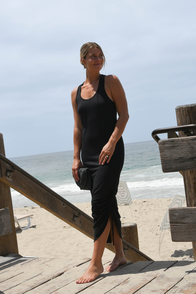 Black wide strap twisted back knit maxi midi black dress