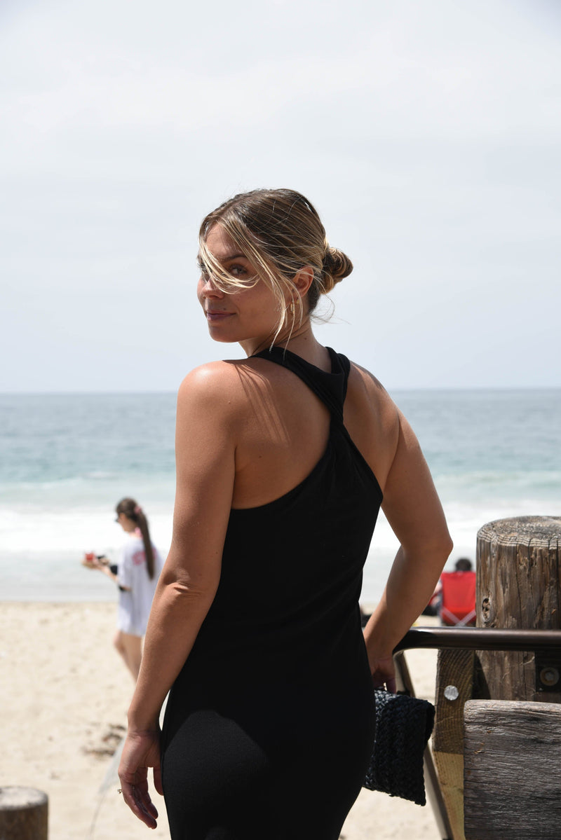 Black wide strap twisted back knit maxi midi black dress