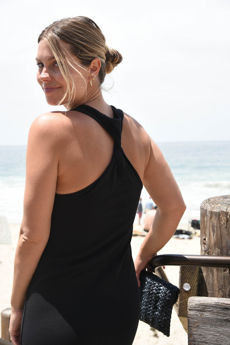 Black wide strap twisted back knit maxi midi black dress