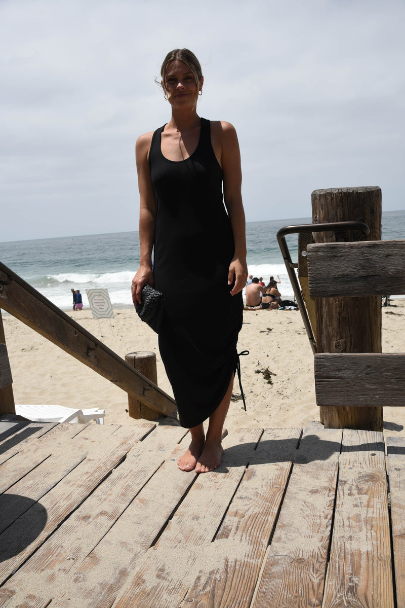 Black wide strap twisted back knit maxi midi black dress