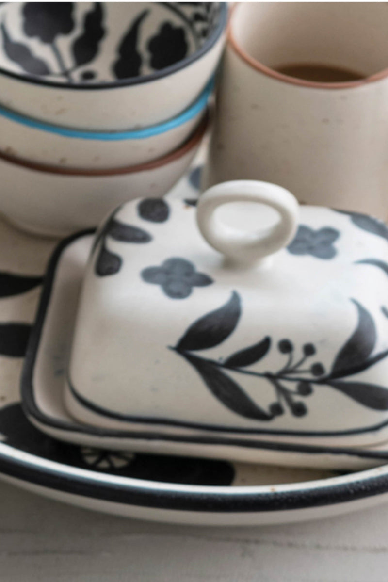 Hand Painted European Stoneware Butter Dish