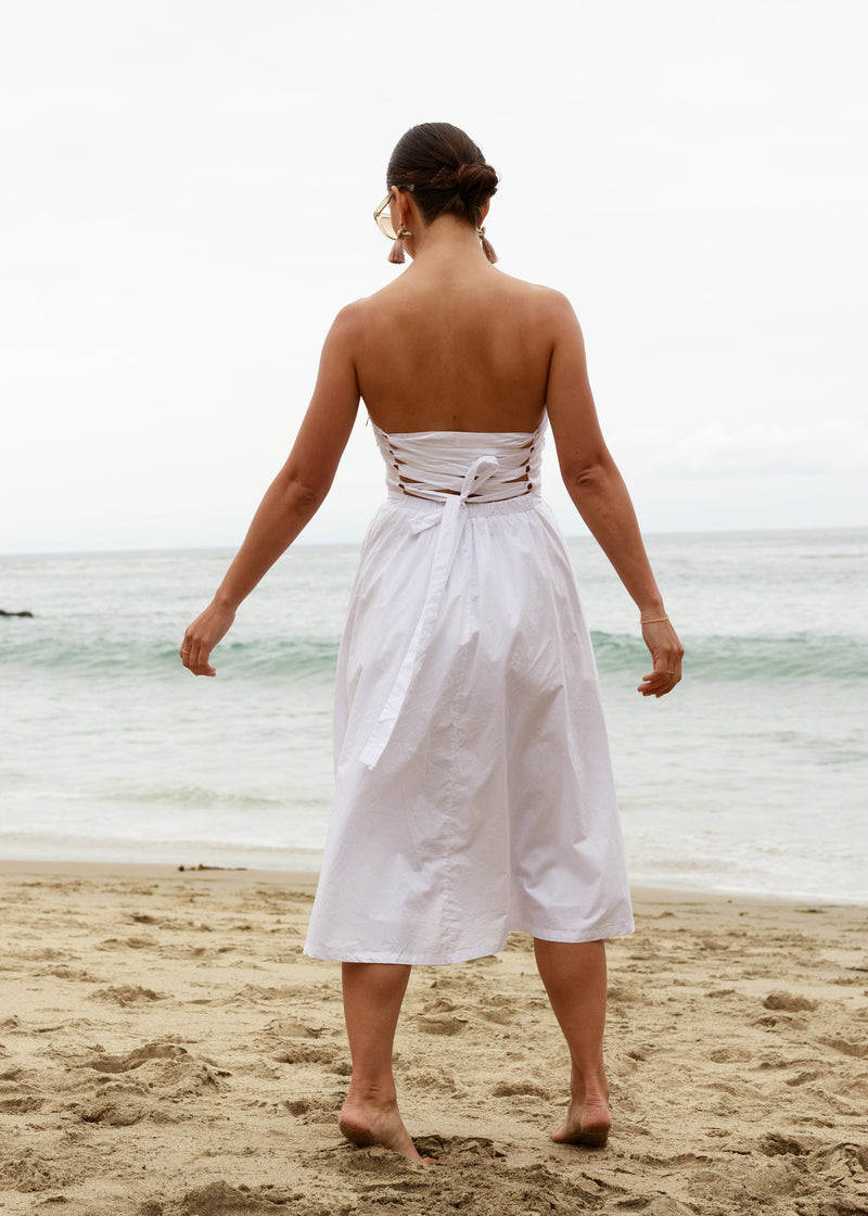 beachy aesthetic white cotton strapless laced dress