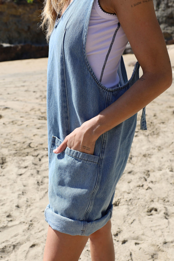 blue denim oversized pocket romper