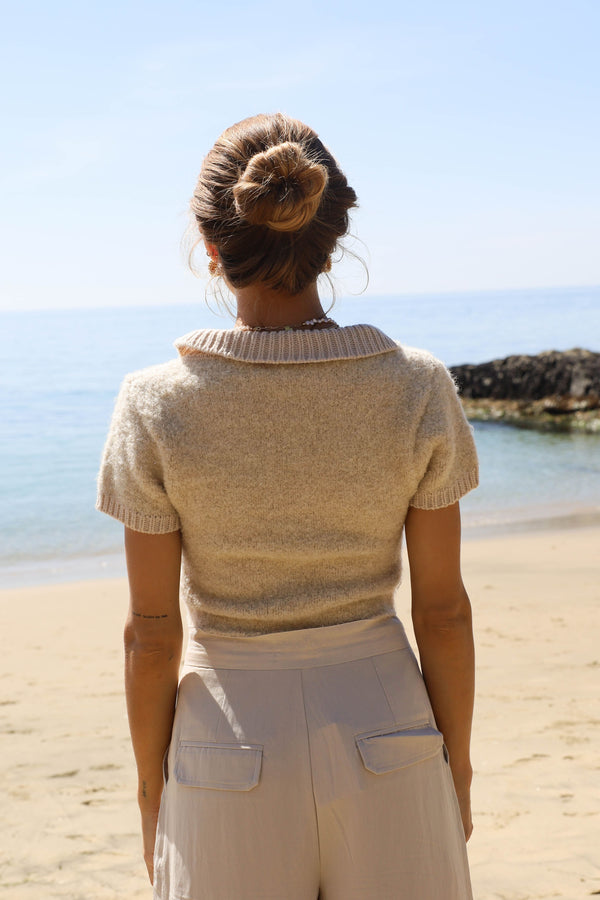 tan fuzzy cropped collared top