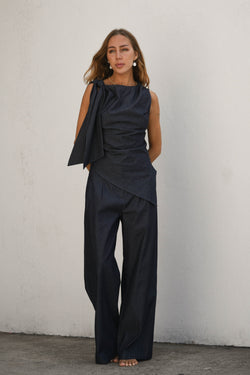 womens denim co ord set with tie top and wide leg pant