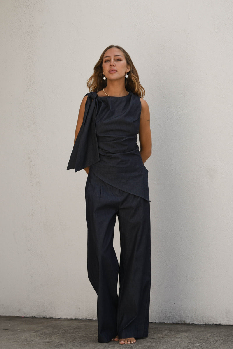 womens denim co ord set with tie top and wide leg pant