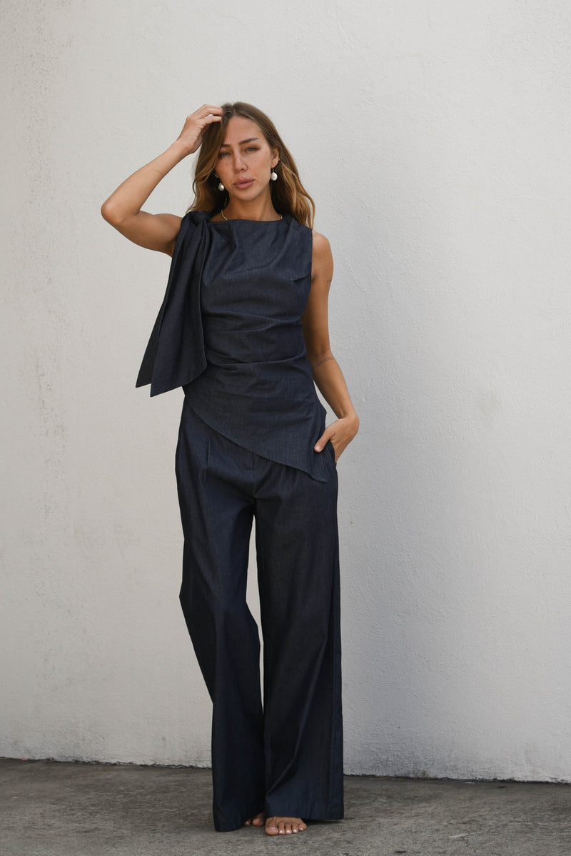 womens denim co ord set with tie top and wide leg pant
