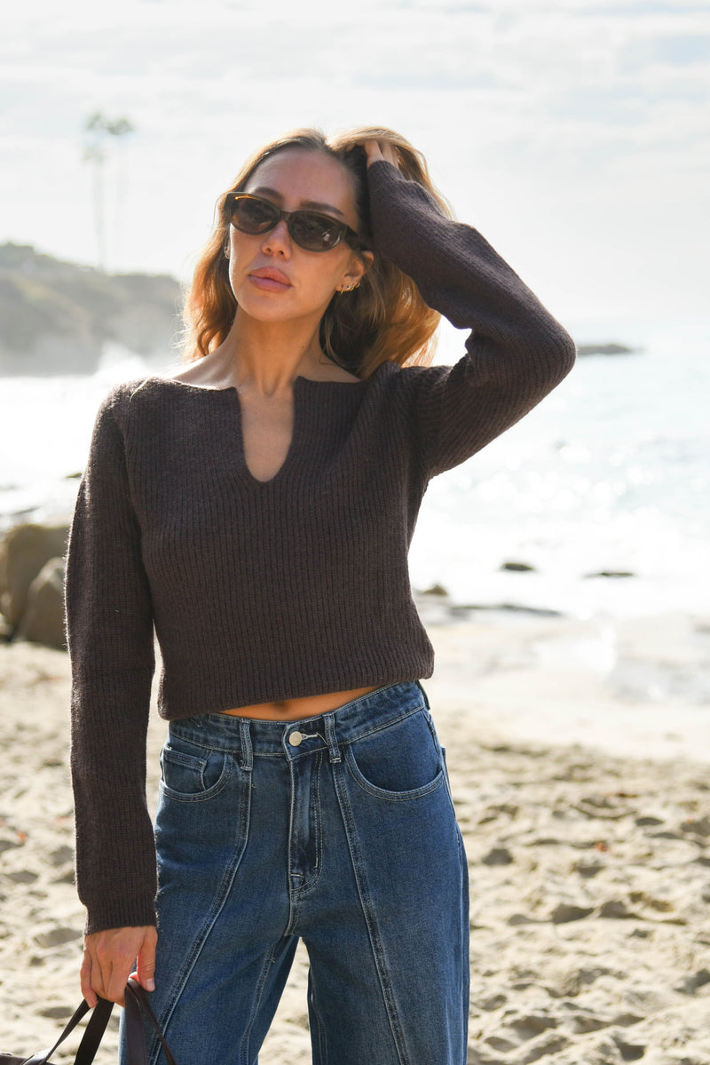 womens chocolate brown v neck sweater