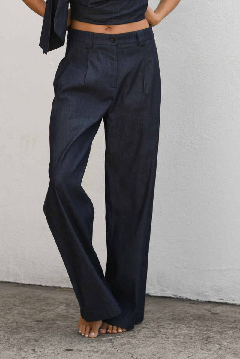 womens denim co ord set with tie top and wide leg pant