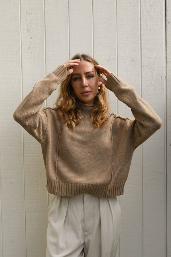 tan mock neck womens sweater for fall