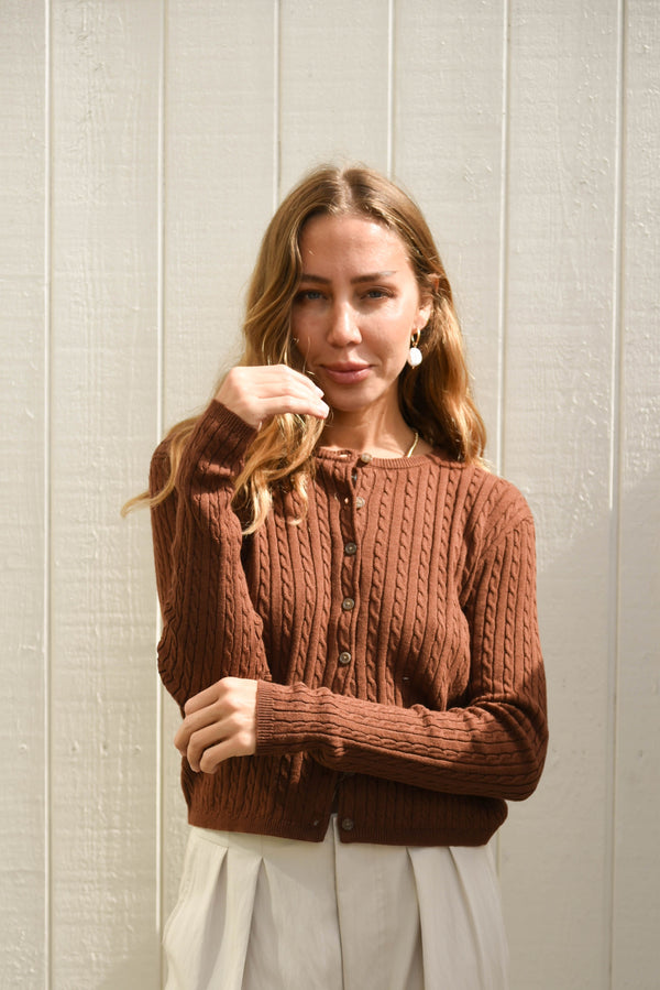 womens cable knit chestnut brown button up cardigan 