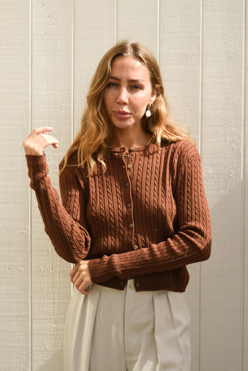 womens cable knit chestnut brown button up cardigan 