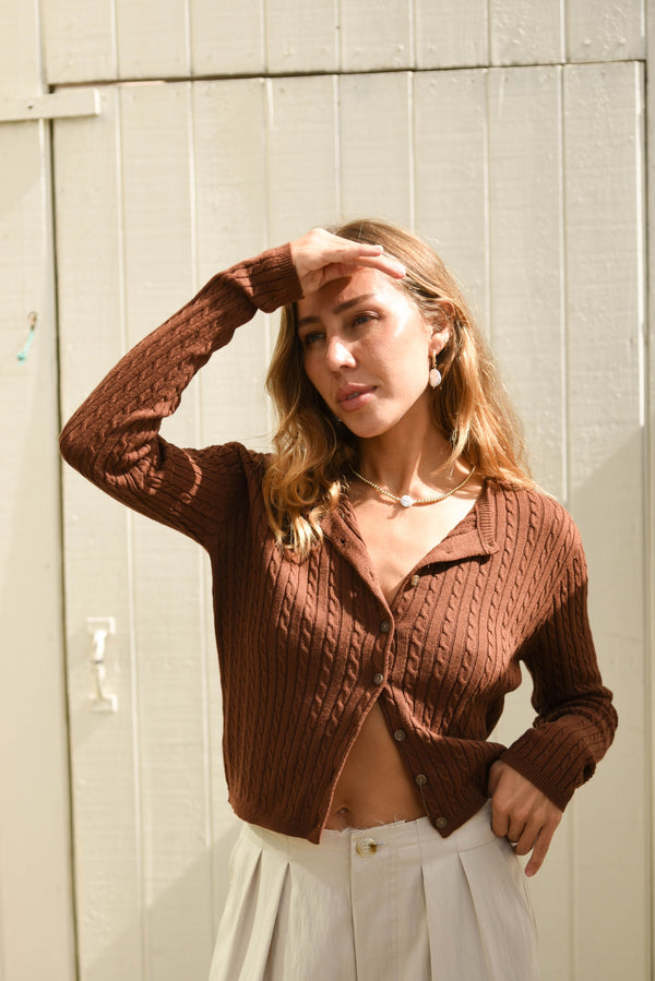 womens cable knit chestnut brown button up cardigan 