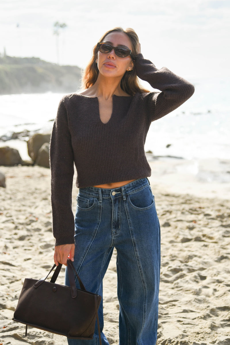 womens chocolate brown v neck sweater
