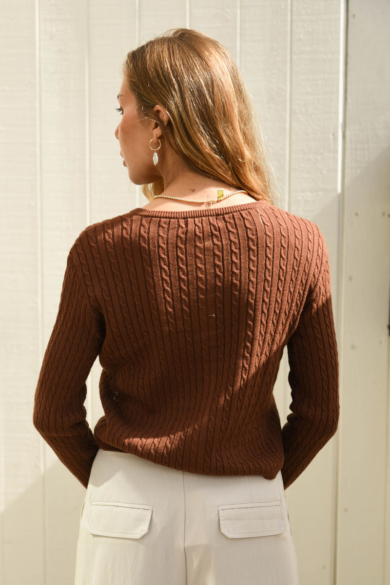 womens cable knit chestnut brown button up cardigan 