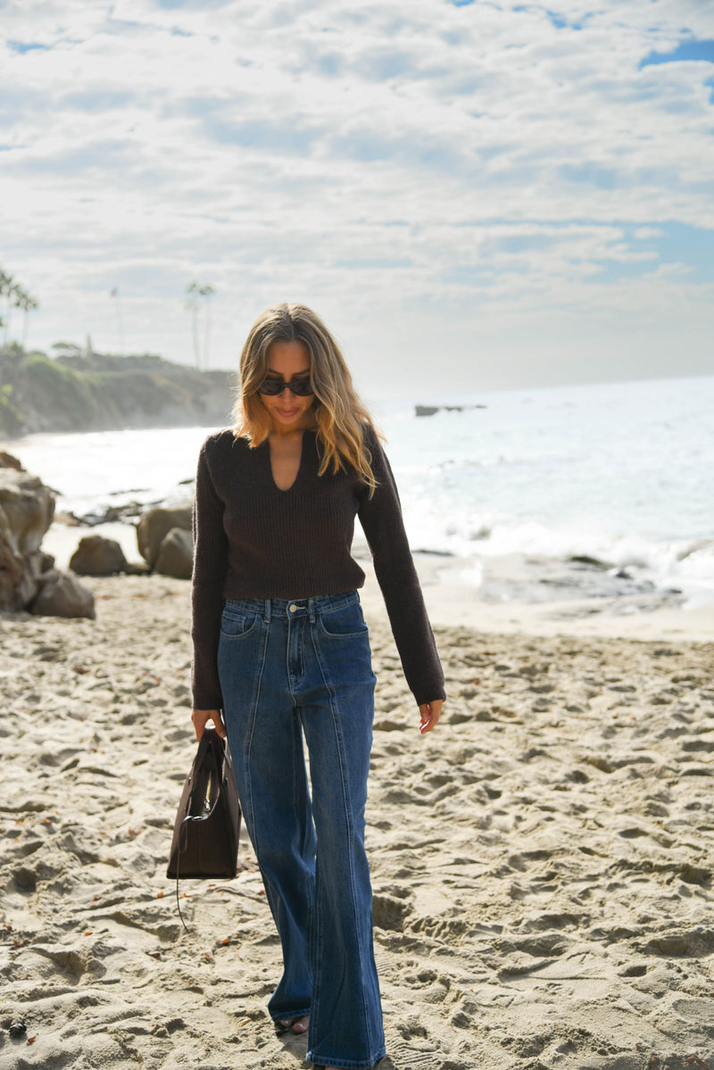 womens chocolate brown v neck sweater
