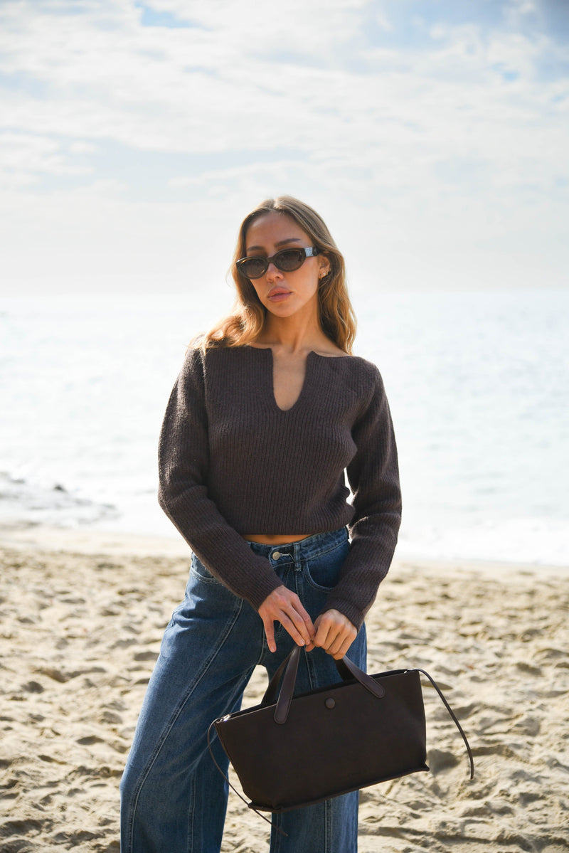womens chocolate brown v neck sweater