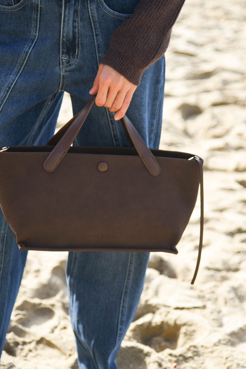 cocoa brown suede leather bag with crossbody strap