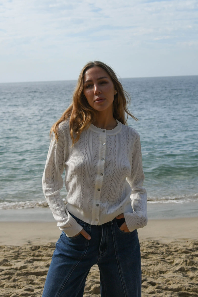 white womens pointelle cardigan