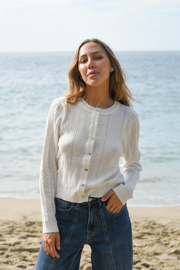 white womens pointelle cardigan