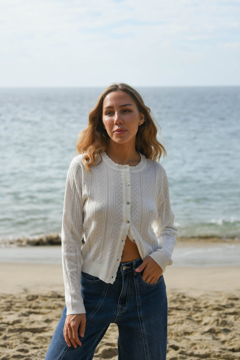 white womens pointelle cardigan