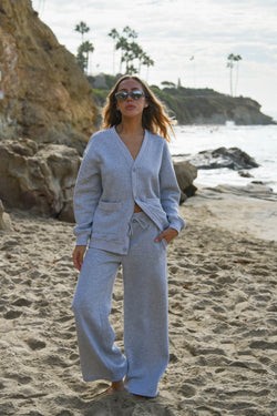 Woman in a gray sweat set for fall