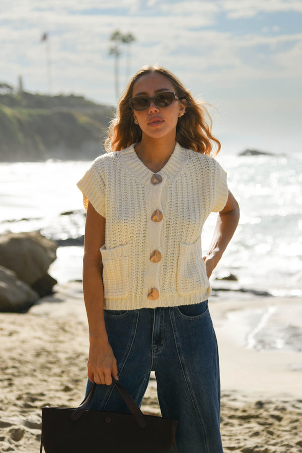 womens cream metal button knit sweater  top 
