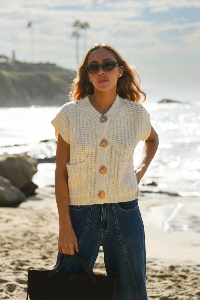 womens cream metal button knit sweater  top 