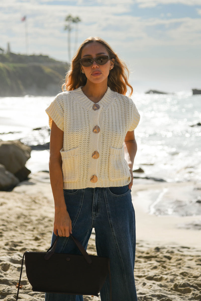 womens cream metal button knit sweater  top 