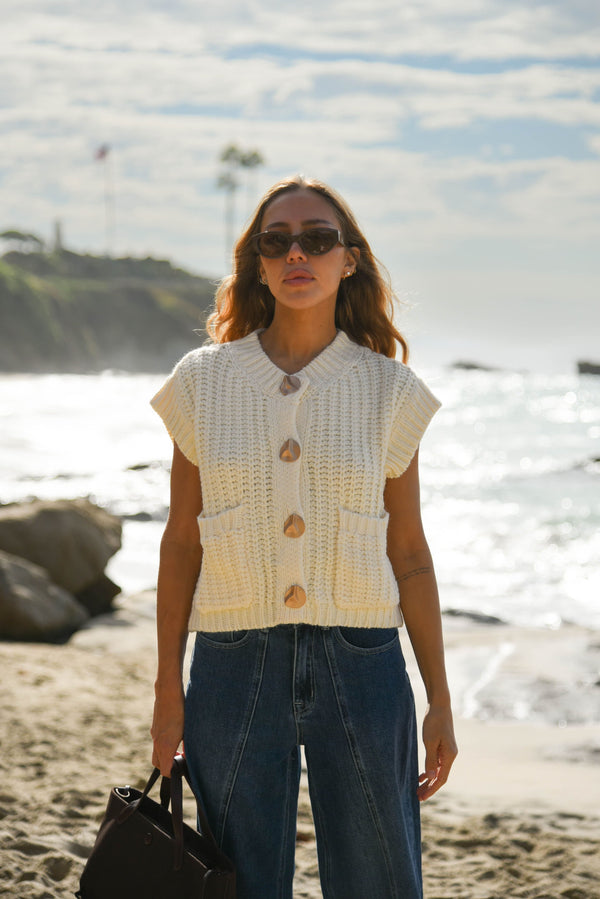 womens cream metal button knit sweater  top 