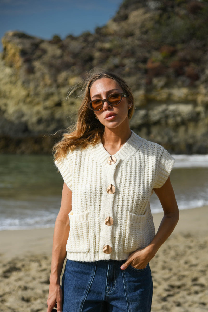 womens cream metal button knit sweater  top 