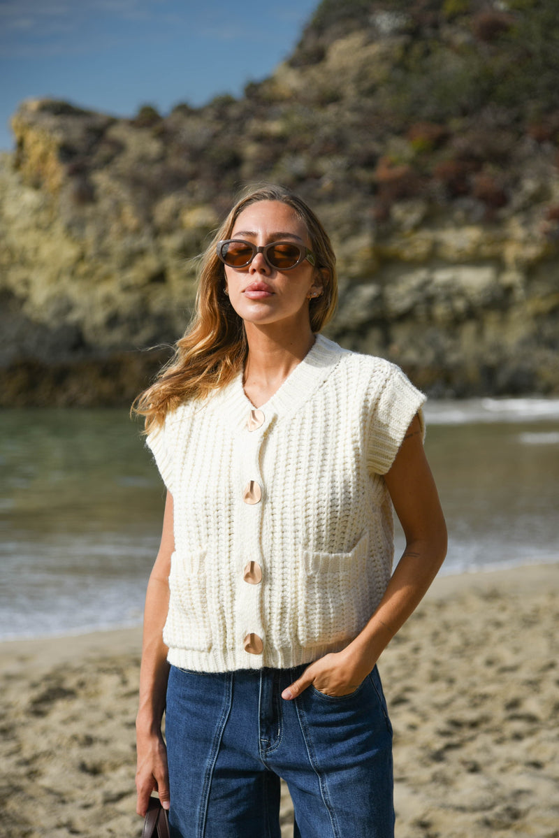 womens cream metal button knit sweater  top 