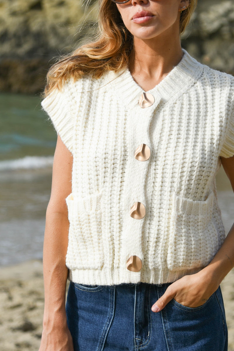 womens cream metal button knit sweater  top 