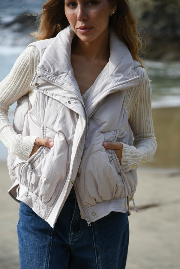 womens trendy cream puffer vest 
