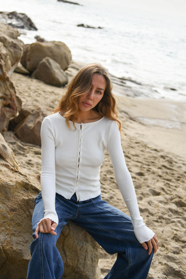 womens long sleeve white rib knit multi button top