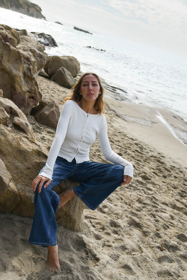 womens long sleeve white rib knit multi button top