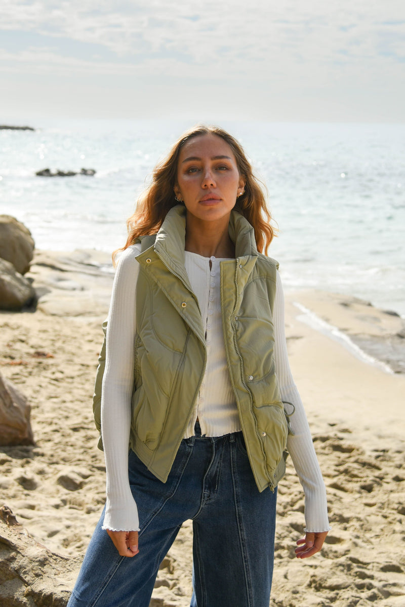 sage green womens puffer vest 