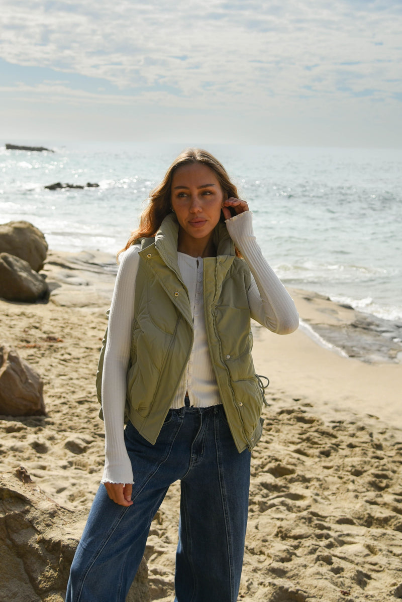 sage green womens puffer vest 