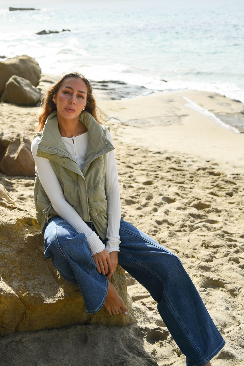 sage green womens puffer vest 