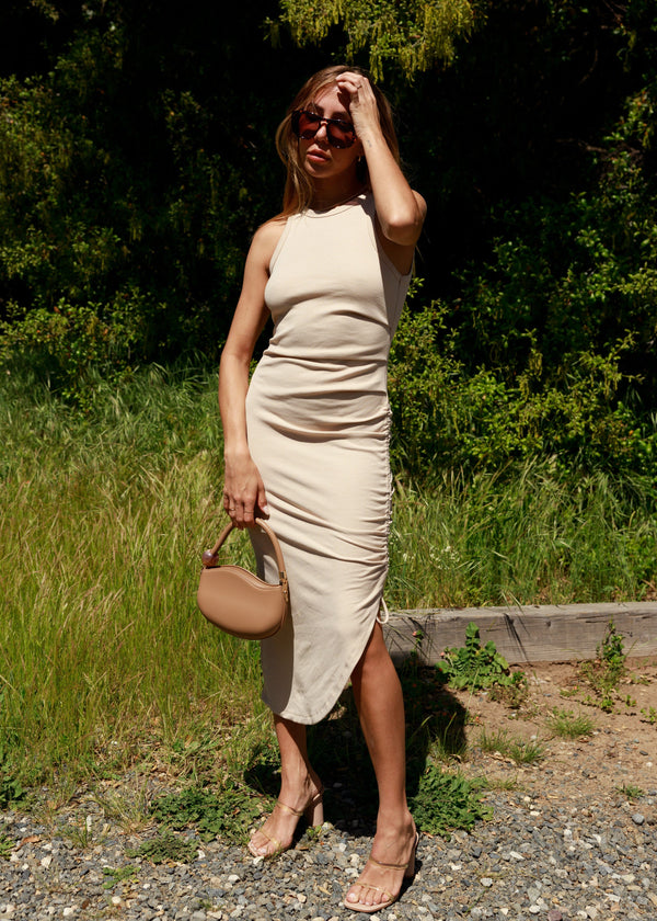 neutral side ruched tank dress