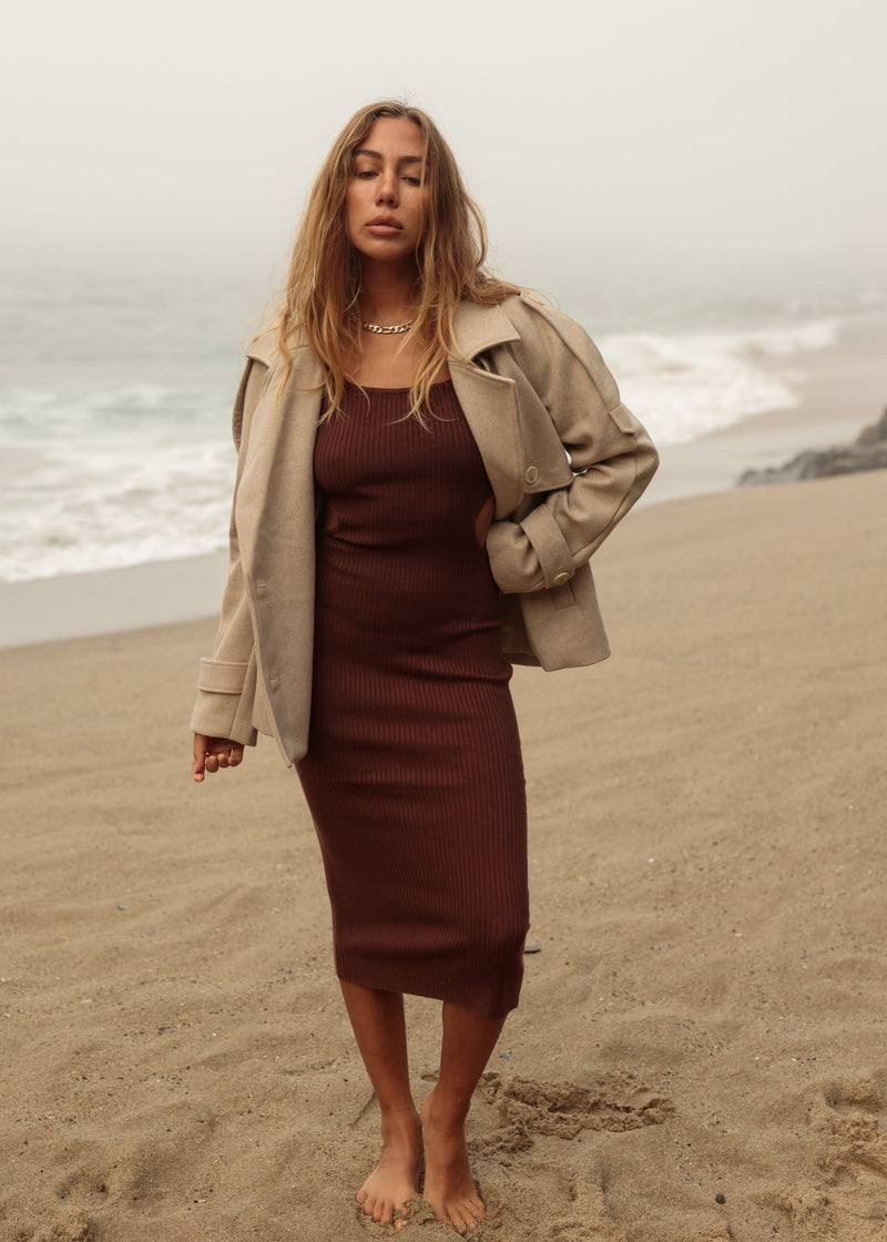 brown sweater rib knit midi dress with long sleeves
