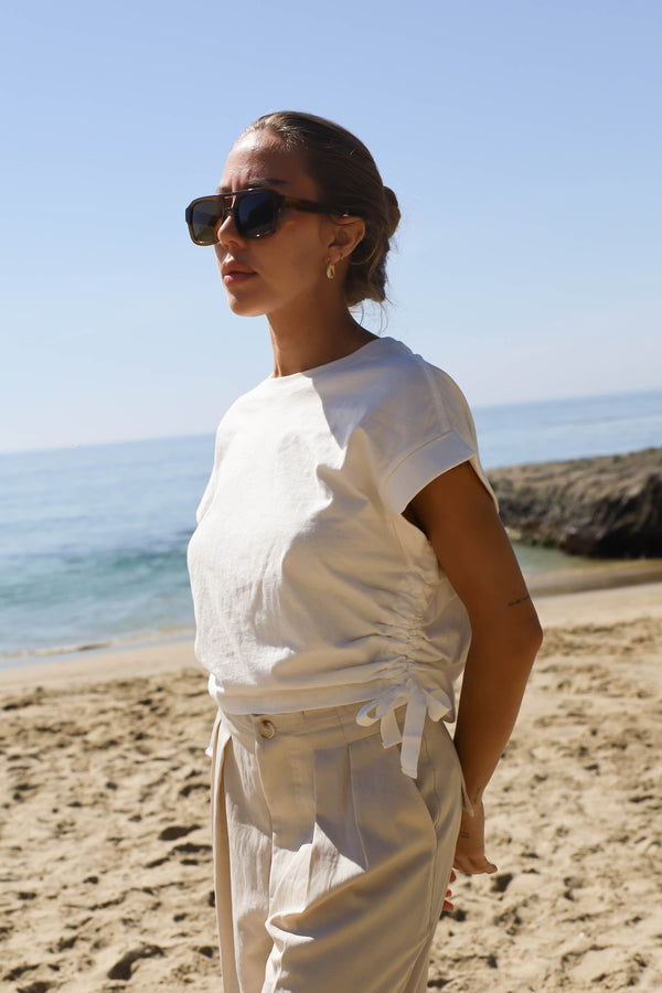 cropped white tee shirt with tie side