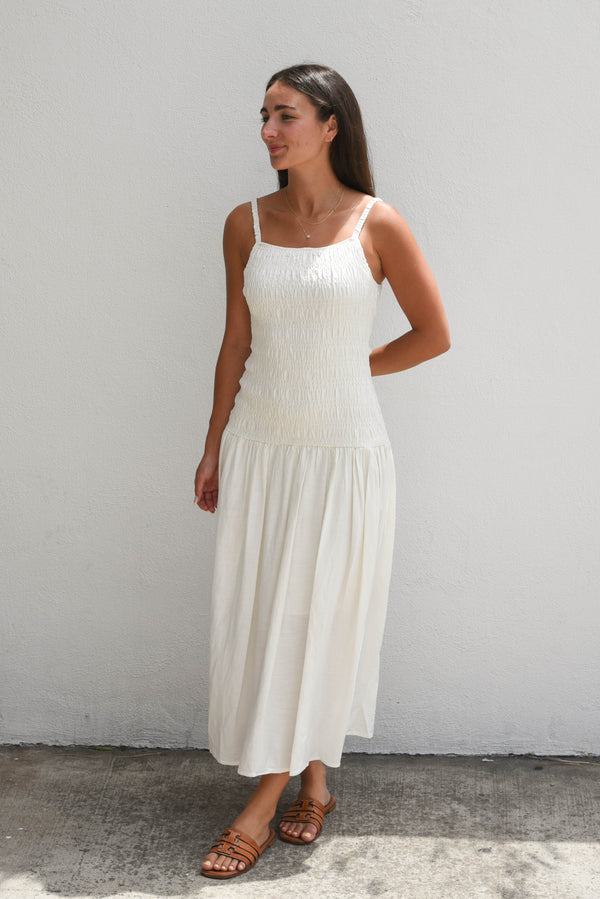 Milano Linen Shirred Dress - Ivory