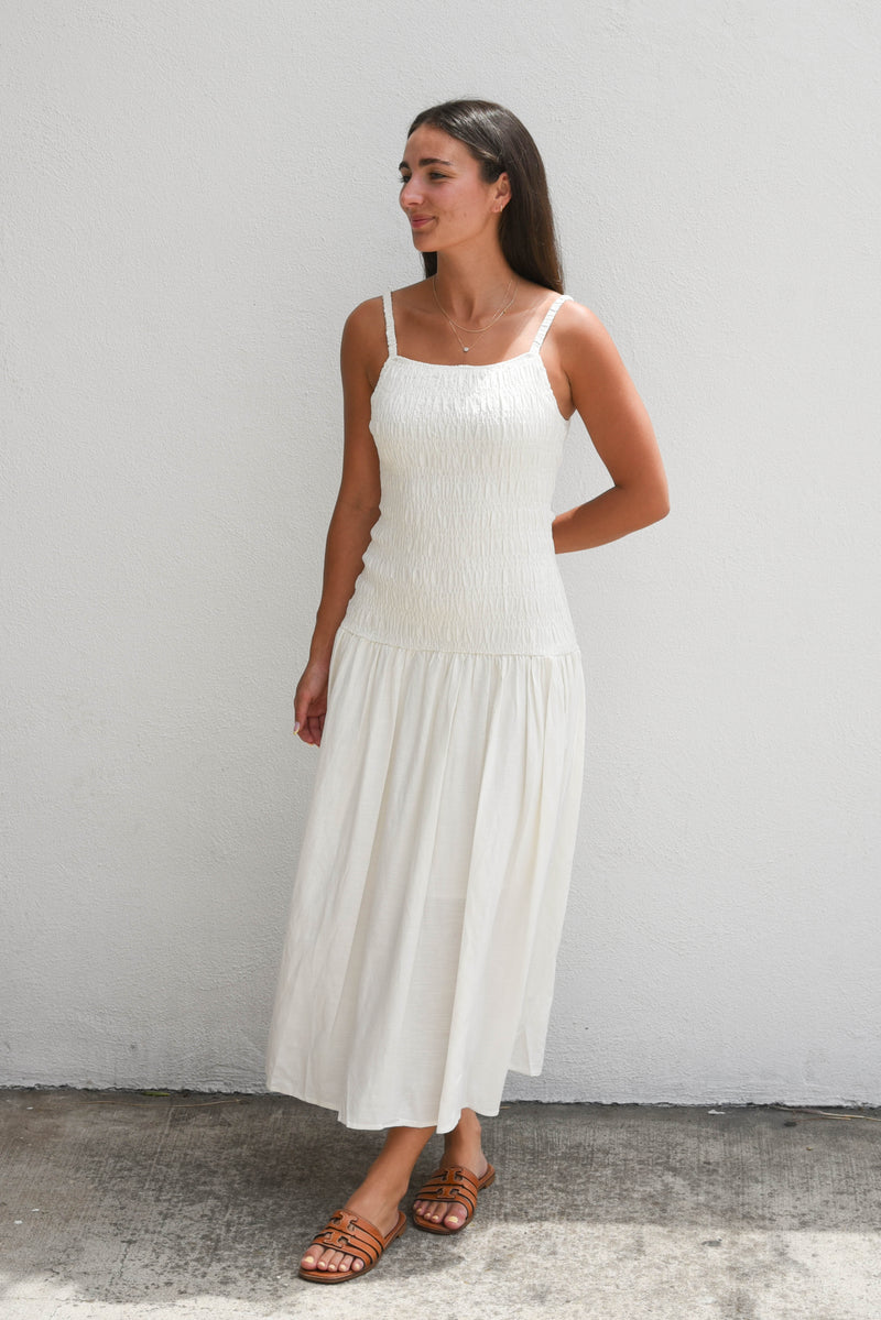 Milano Linen Shirred Dress - Ivory