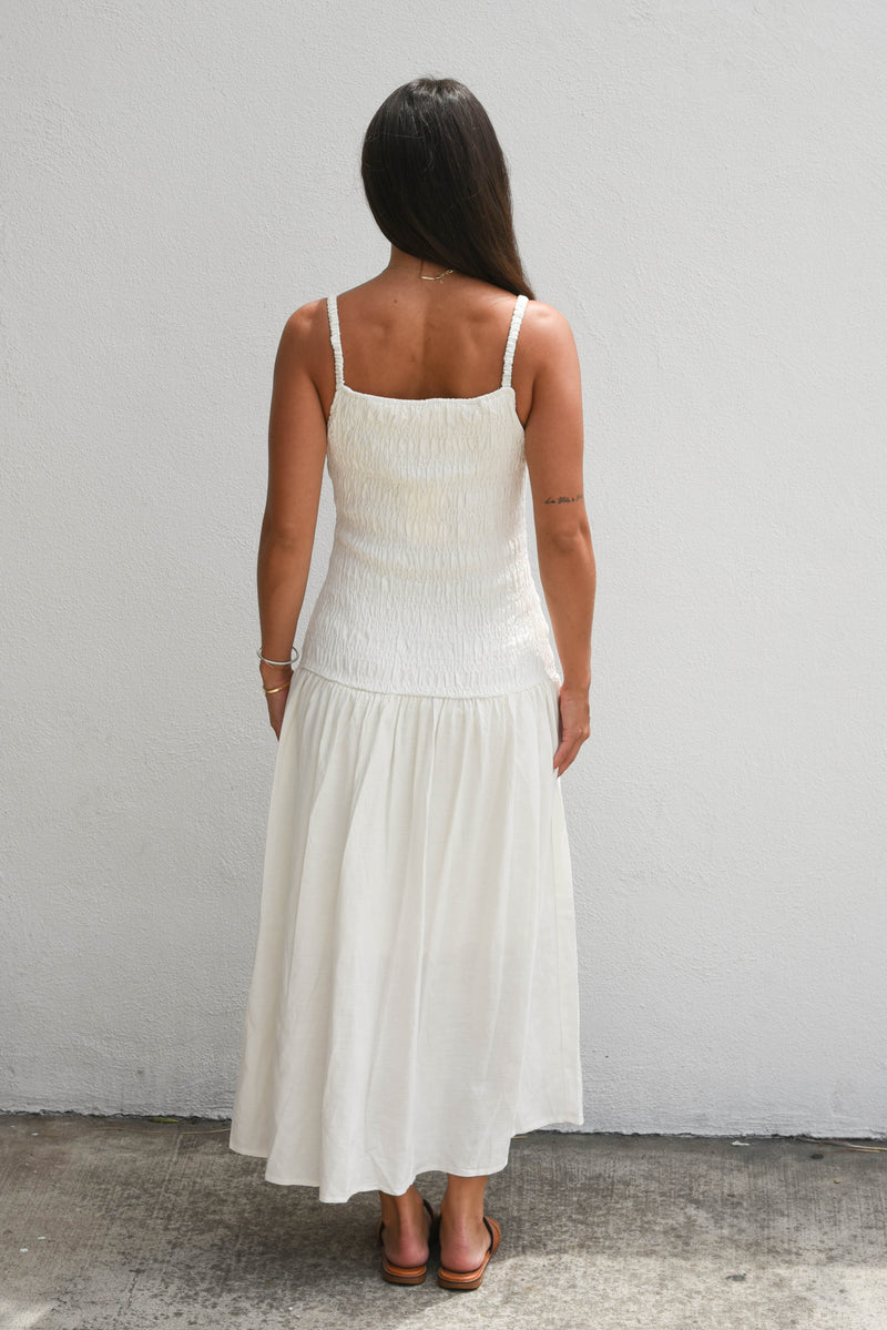 Milano Linen Shirred Dress - Ivory