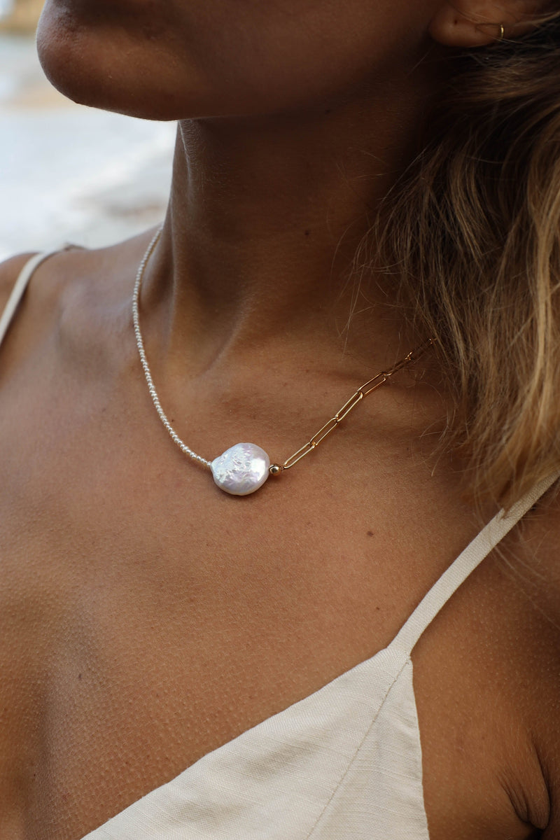 Paperclip + Pearl Necklace - 14K GF