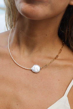 Paperclip + Pearl Necklace - 14K GF