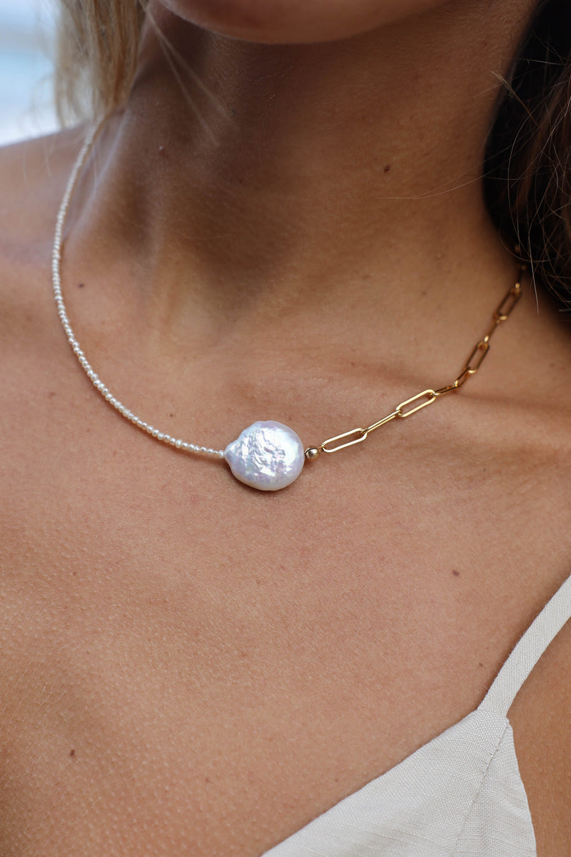 Paperclip + Pearl Necklace - 14K GF