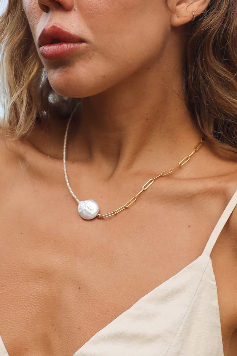 Paperclip + Pearl Necklace - 14K GF