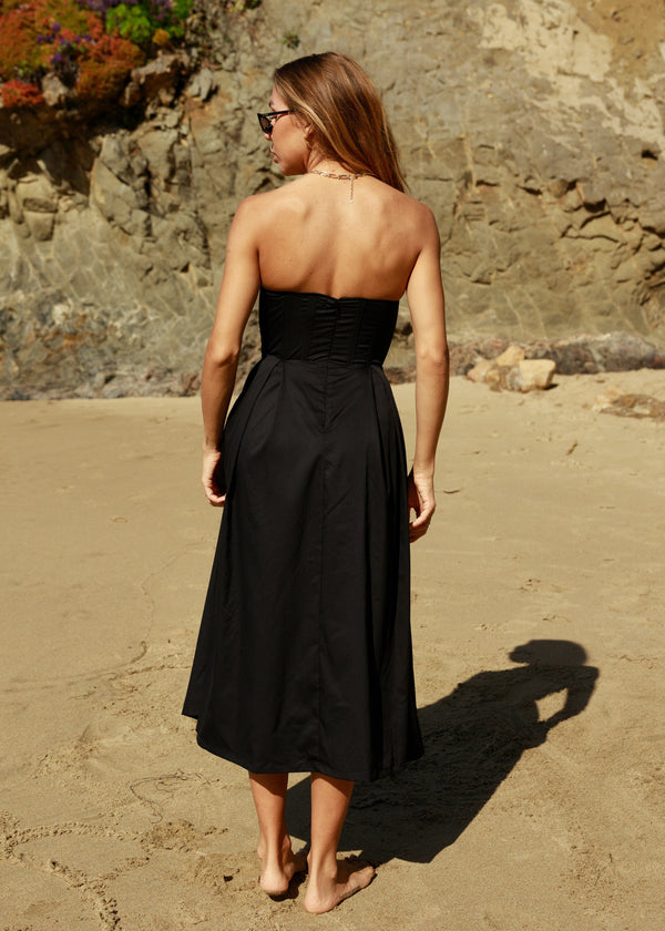 black strapless tube fit and flare dress